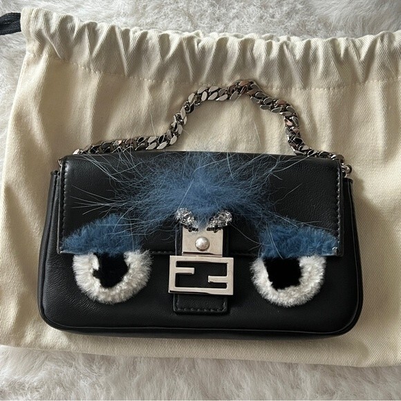 FENDI Micro Baguette Monster Pouch Clutch Bag Napa Leather Black - Picture 2 of 14